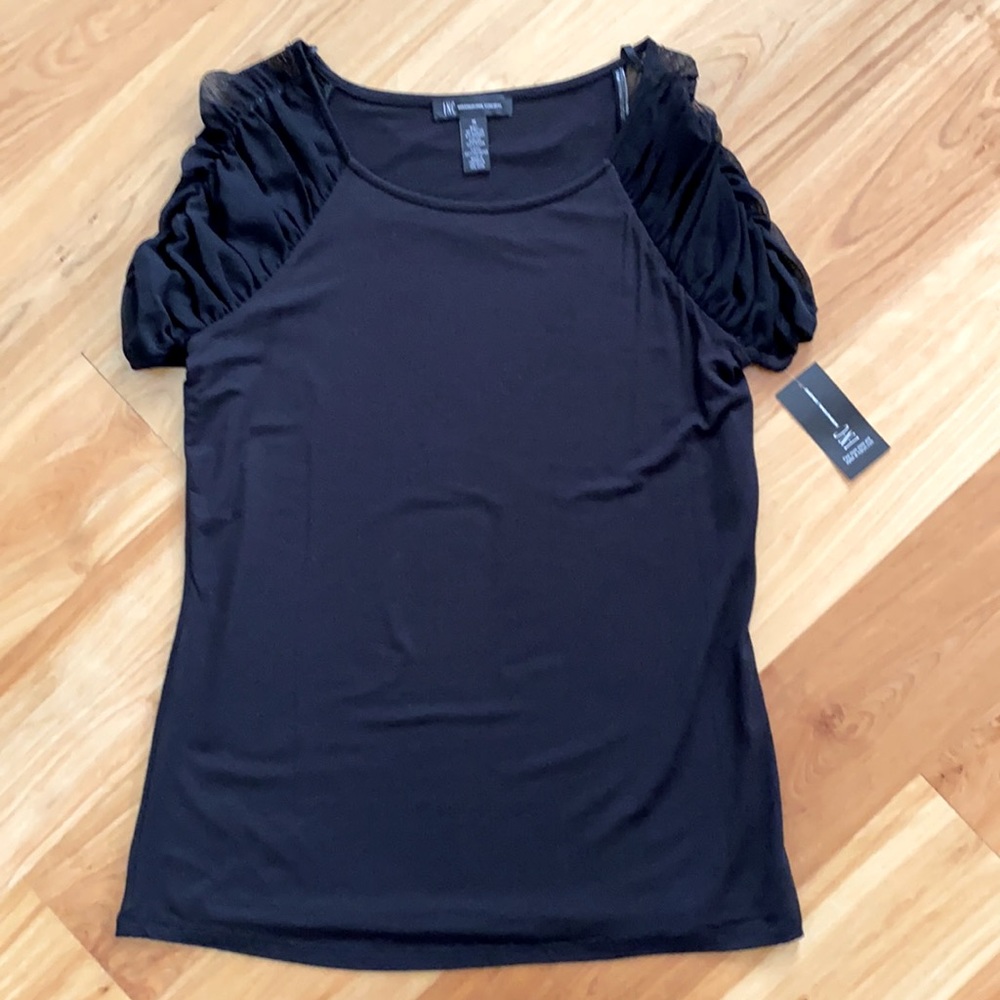 NWT INC International Concepts Black Sheer Ruffle Short Sleeve Shirt